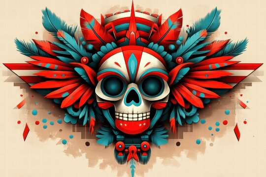 Ornate Skull with Feathers and Geometric Patterns