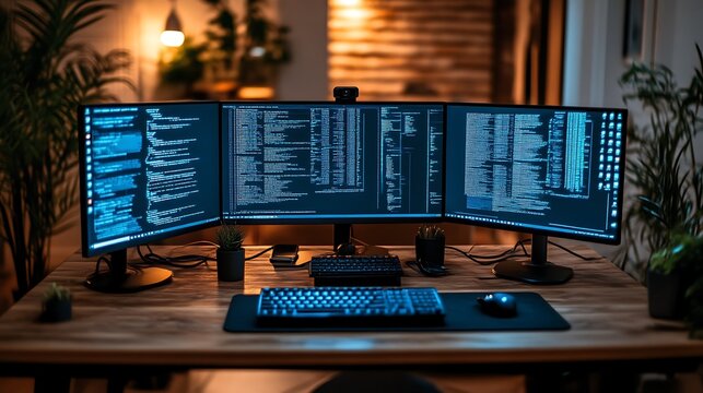 Programmer's workspace with triple monitor setup displaying code. - Powered by Adobe
