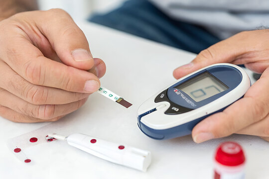 A man is holding a blood glucose meter and a strip of test paper