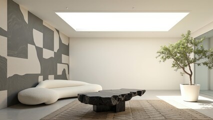 Generative AI, Minimalist living room with a bold checkerboard wall and sculptural accents.