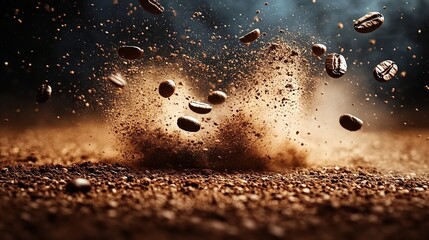  Coffee beans falling on the ground with a dust explosion, commercial photo background.