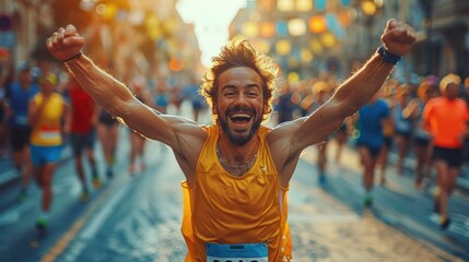 Marathon running race, people on city street