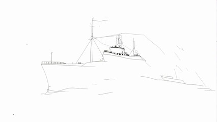 "Black and white ship drawing"