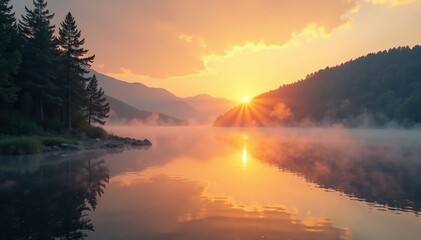 Fototapeta premium A golden glow rises above the lake's misty veil, water, morning, mist