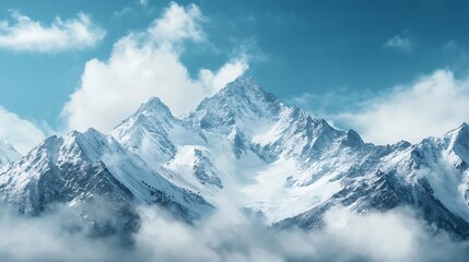 Fototapeta premium Majestic snow capped mountain peak in clouds