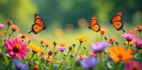A group of butterflies flying around a colorful patchwork of wildflowers, nature scenery, colorful blooms, blooms