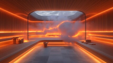 Obraz premium Modern, warm sauna with steam and wood.
