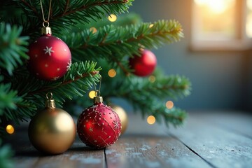 Naklejka premium A group of small glass Christmas balls scattered around a branch on the tree, joyful, fir