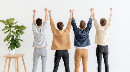 Fototapeta premium Four individuals stand with raised arms, celebrating or expressing joy, accompanied by a green plant in a modern, minimalistic setting.
