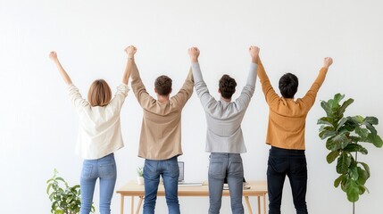 Obraz premium A group of four people celebrates together, raising their arms in a positive, joyful atmosphere, with a plant and minimalist decor in the background.