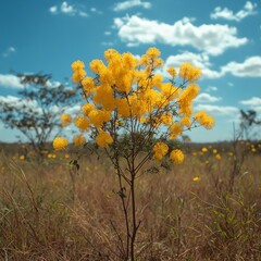 A vibrant yellow flower cluster stands out against a blue sky, surrounded by grass and distant trees, capturing a serene natural landscape.