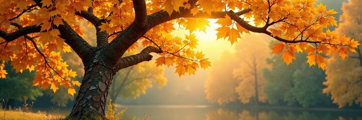 Fototapeta premium Ahorn Baum mit buntem Laub an einem Himmel mit Wolken, yellow leaves, autumn, branches