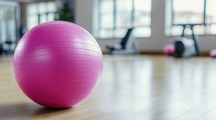 Close-up of a pink fitness ball on a wooden floor in a modern gym interior
