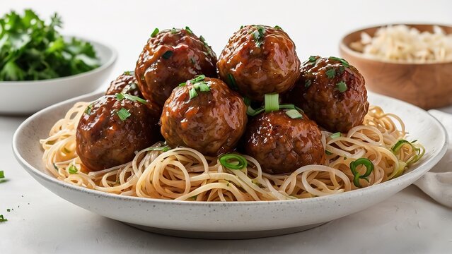 This dish is a flavorful and satisfying blend of savory meatballs, chewy noodles, and delicate glass noodles. The meatballs are infused with the rich umami of soy sauce, while the noodles provide 
