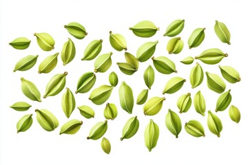 Naklejka premium Green Cardamom Pods Scattered on White Background