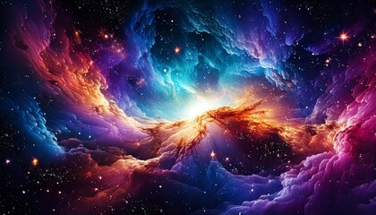 Fototapeta premium A Vibrant Nebula Bursting with Violet, Gold, and Teal Colors, with Swirling Gas Clouds