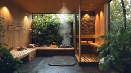 Modern wooden sauna with a view of a lush garden, steam rising from a stone fireplace.