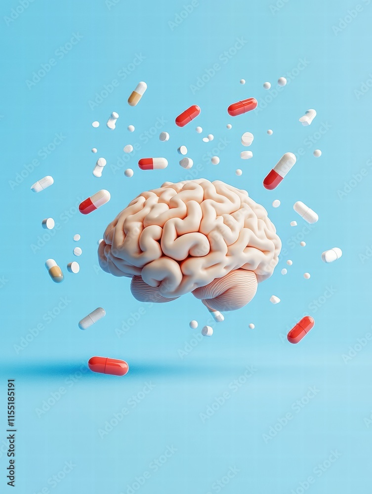 Fototapete 3d model of a human brain surrounded by various colorful pills illustrating mental health concepts. 