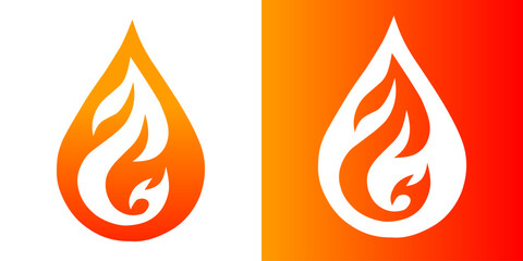 stylized fire icon shaped like a water drop, with a white version on an orange background.