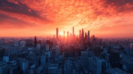 Fototapeta premium Breathtaking City Skyline Silhouetted Against a Fiery Red Sky at Dusk Creating a Dramatic and Captivating Urban Landscape with Vibrant Colors