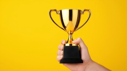 A photostock of a trophy held high amidst a celebratory golden background, radiating achievement, success, and victory. High Quality