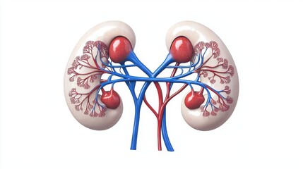 Detailed anatomical illustration of human kidneys, showcasing the renal arteries and veins, highlighting their structure and function in the urinary system.