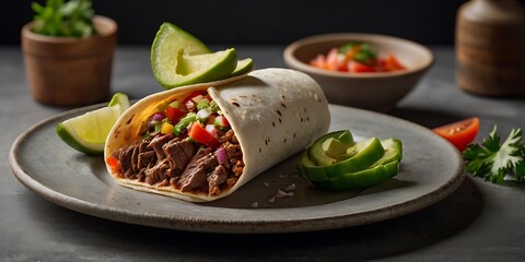 Traditional Mexican food, Beef burritos with meat and beans with vegetable