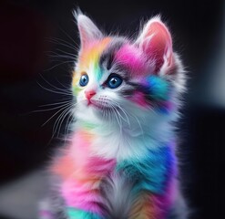 Fototapeta premium Adorable rainbow kitten with vibrant fur, blue eyes, looking up.