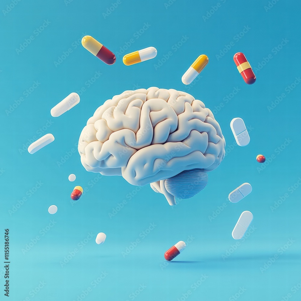 Aufkleber 3D model of a human brain surrounded by colorful pills representing health and cognition. Generative AI