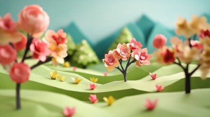 Obraz premium Papercraft spring landscape with blossoming trees and flowers on rolling hills.