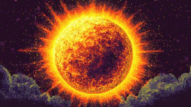Vibrant sun with radiant glow celebrating world sun day and solstice. Horizontal banner. Copy space. Hot sun on a dark background. Pixel art