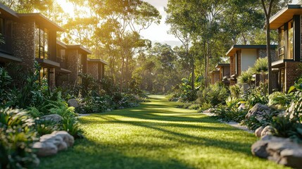 Serene pathway lined with modern cabins amidst lush greenery and sunlight.