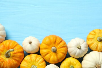 Beautiful autumn composition with pumpkins, top view