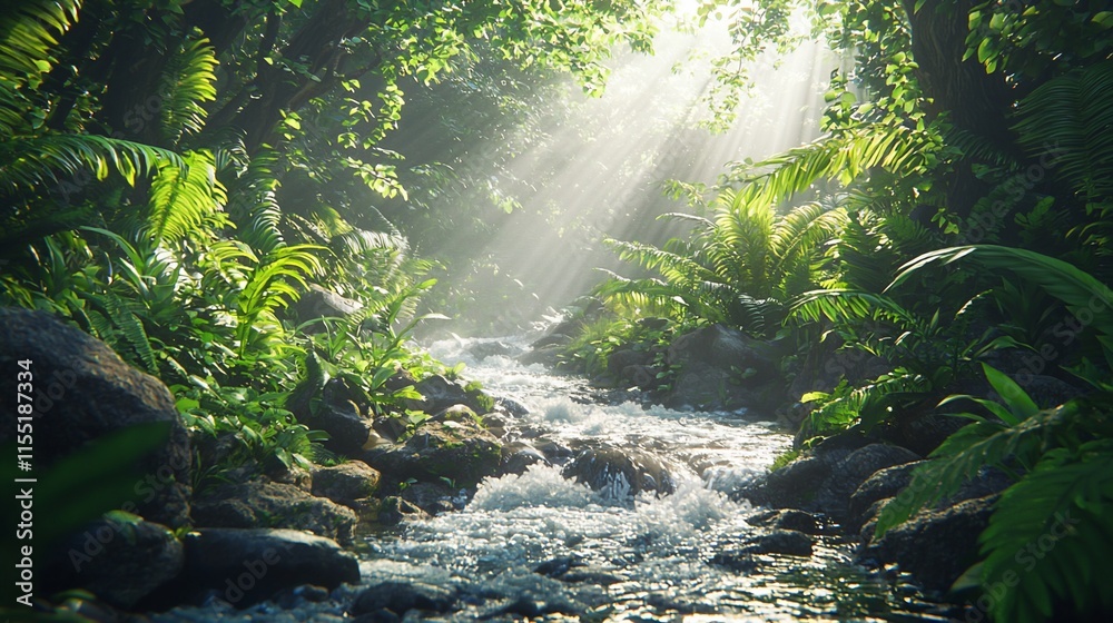 Poster sunbeams illuminate a lush jungle stream flowing over rocks.