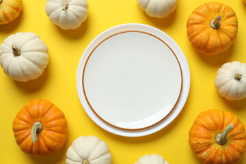 Rustic holiday table setup. Top view with plate and autumn decorations. Empty space for your text 