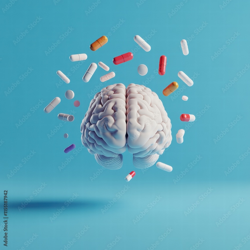 Fototapete 3d model of a human brain surrounded by various colorful pills illustrating the connection between m