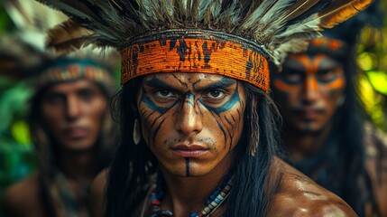 Indigenous people wearing traditional headdress and body paint posing in the jungle