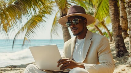 Businessman working remotely on laptop under palm trees on tropical beach