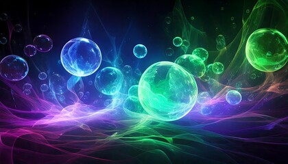 Floating Light Orbs in Vivid Neon Hues of Green, Blue, and Purple Suspended in a Swirling Mist