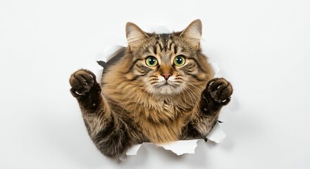 Obraz premium Curious Siberian Cat Peeking Through Torn Paper - A Creative Cat Portrait