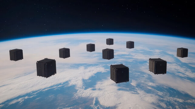 Group of cubesats, small satellites, on Earth orbit