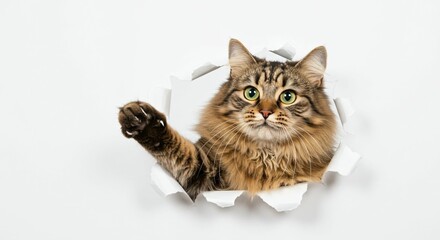 Obraz premium Adorable Siberian Cat Emerging Through Torn Paper on White Background