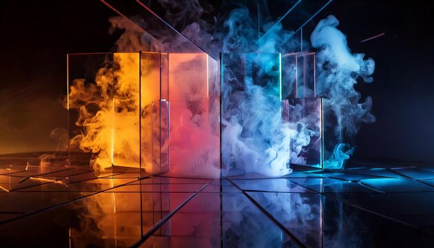 Wisps of Colorful Smoke Weaving Through Geometric Mirrored Surfaces in a Surreal Composition