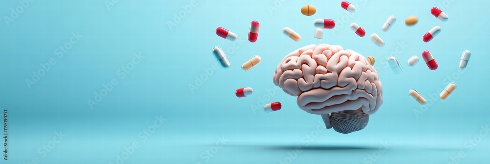 Poster 3D model of a human brain surrounded by various colorful pills illustrating health and mental well being. Generative AI