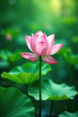Obraz premium An ethereal lotus flower blooming in a serene pond with an abstract green glass background, aquatic plants, peaceful scene, pond