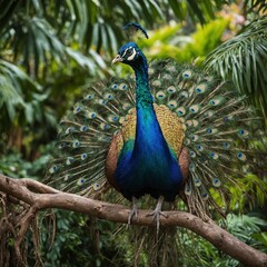 A colorful peacock standing proudly on a tree branch amidst tropical greenery.