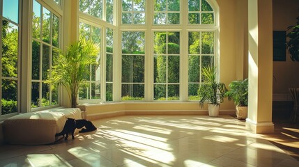 Modern room with large windows and sunlight on tiled floor