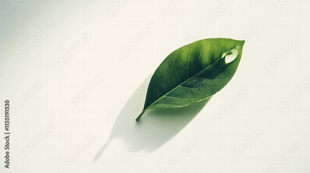 Poster single green leaf with water droplet resting on a smooth surface reflecting natural beauty. generati