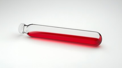 A glass test tube lies on a white background, partially filled with a vibrant red liquid.