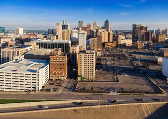 High-angle view of Detroit city skyline, parking lots, and streets. Urban landscape. DOWNTOWN, DETROIT, MICHIGAN, UNITED STATES